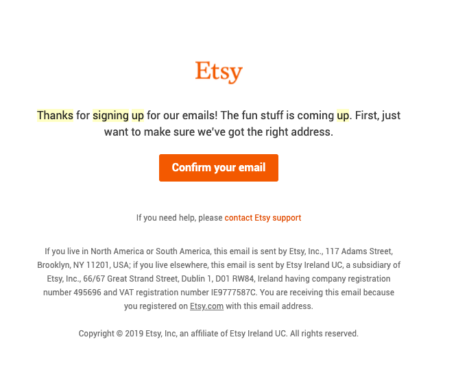 Bevestigingsemail voor Etsy klantenwerving