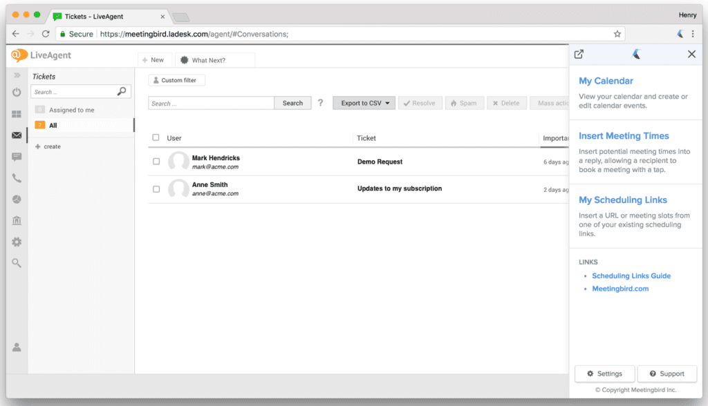 uitbreidingsmenu LiveAgent Meetingbird-integratie