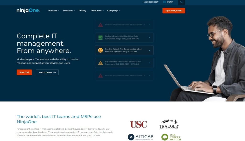 NinjaOne-startpagina, een Solarwinds-alternatief voor monitoring op afstand