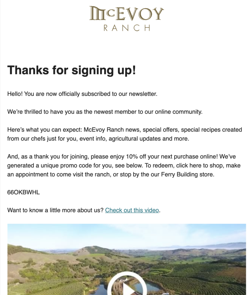 Email voor aanmelding bij McEvoy Ranch-nieuwsbrief