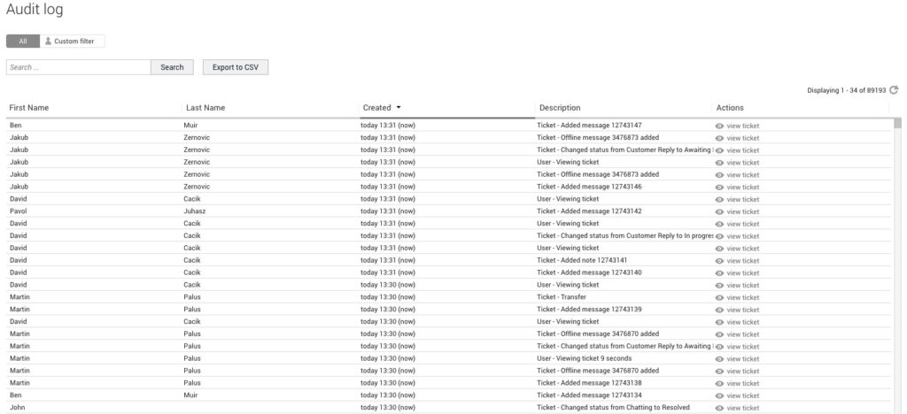 Auditlogboek/activiteitenlogboek in LiveAgent -voorbeeld.