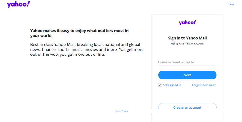 Yahoo ! Mail-startpagina - een bekende Gmail-concurrent met een gestroomlijnde interface