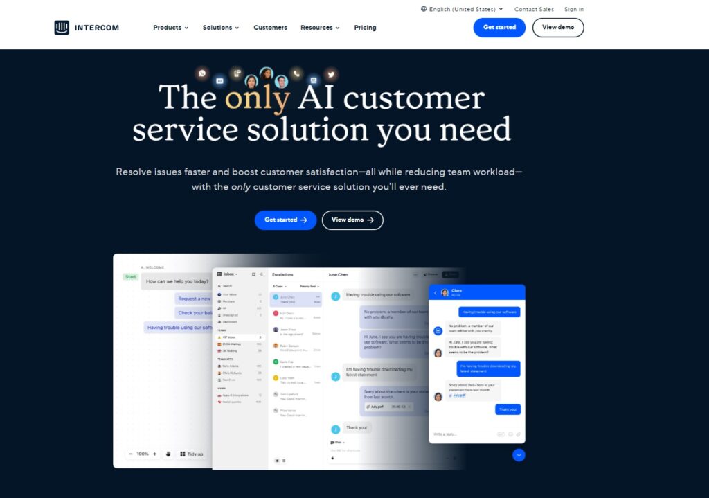 De hoofdpagina van Intercom, een HubSpot-alternatief voor zakelijke communicatie