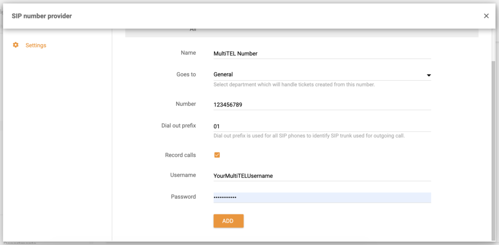 Configuratiescherm MultiTEL-nummer in LiveAgent