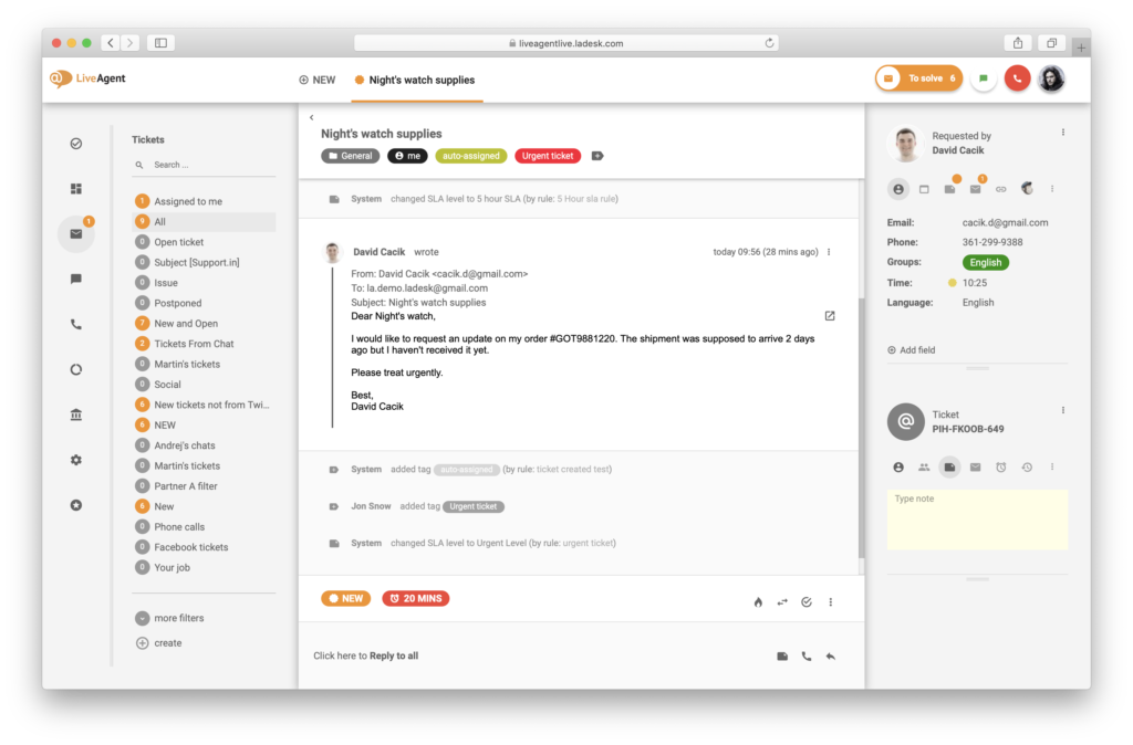gratis support ticketing software - LiveAgent -ticket voorbeeld