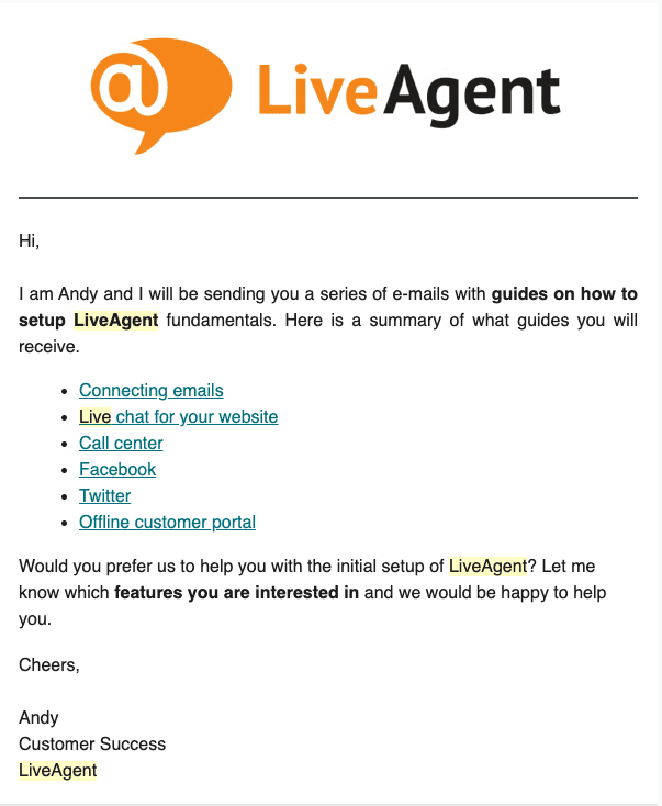 LiveAgent onboarding welkomstemailsjabloon 