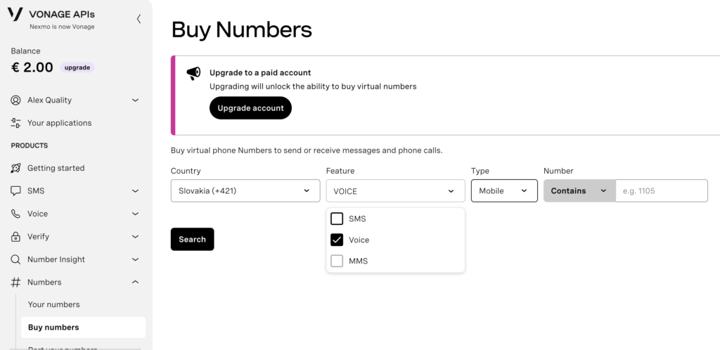 Koop nummersectie in Vonage-dashboard