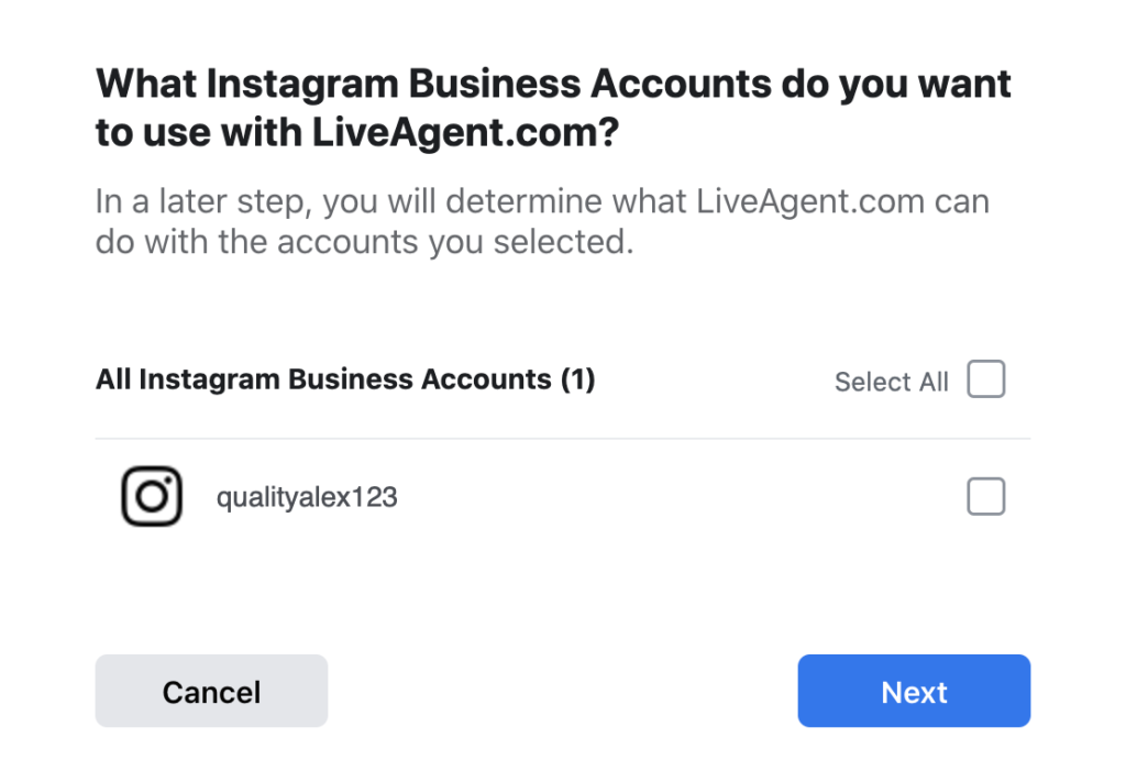 Selecteer Instagram-accounts die u in de integratie wilt opnemen