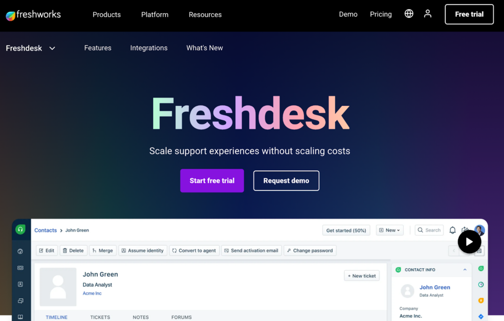 De startpagina van Freshdesk, een populair Hubspot CRM-alternatief