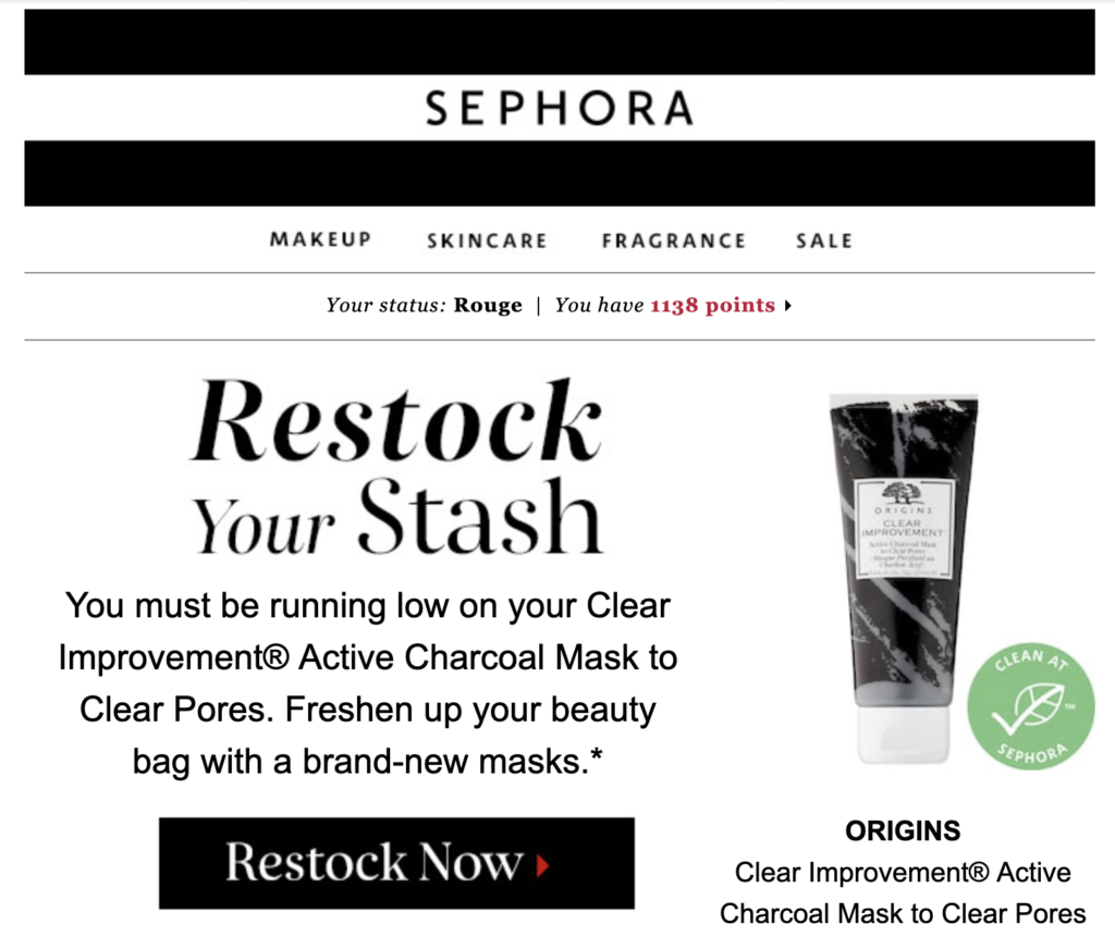 Emailsjabloon voor aanvulling van stock van Sephora