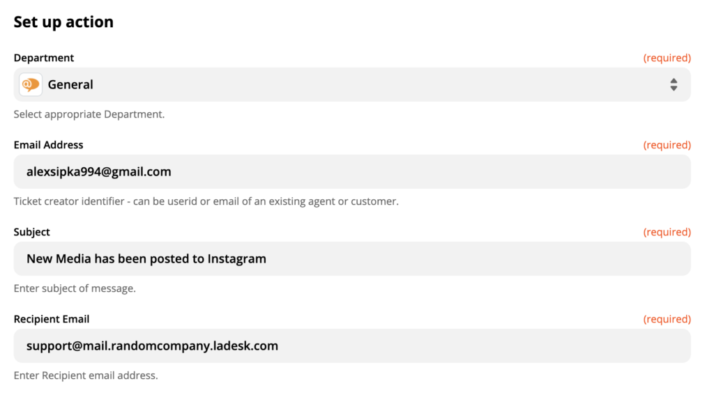 LiveAgent-actie-instellingen in Instagram-integratie op Zapier