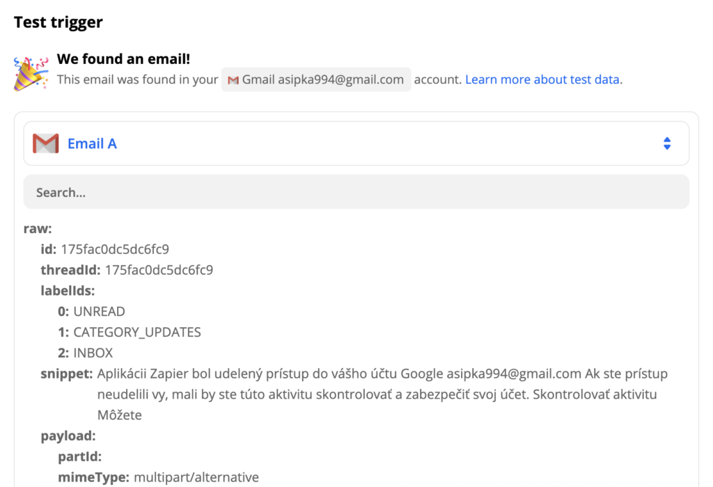 Voorbeeld van een Gmail-triggertest