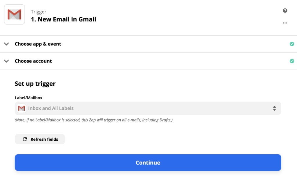 Gmail-triggerconfiguratie in Zapier