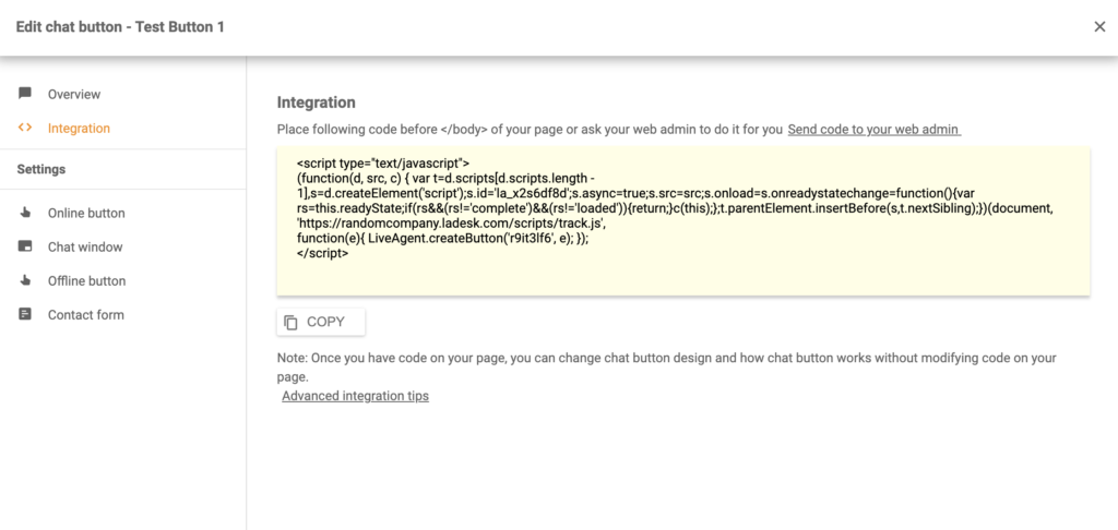 Een chatknopcode gegenereerd in LiveAgent
