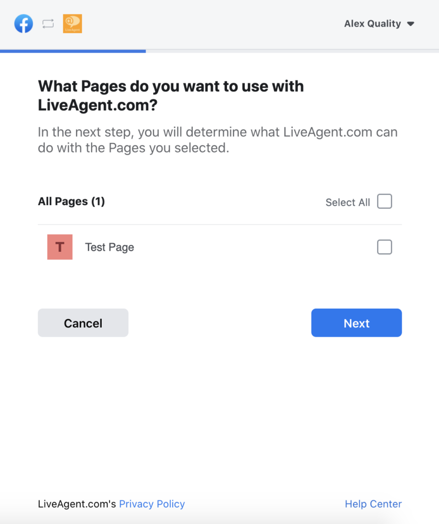 Selectie van Facebook-pagina's in LiveAgent-configuratie