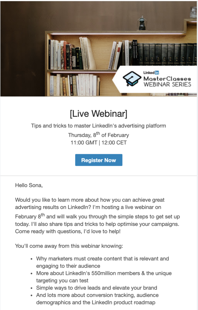 Emailsjabloon met een voorproefje van een LinkedIn webinar