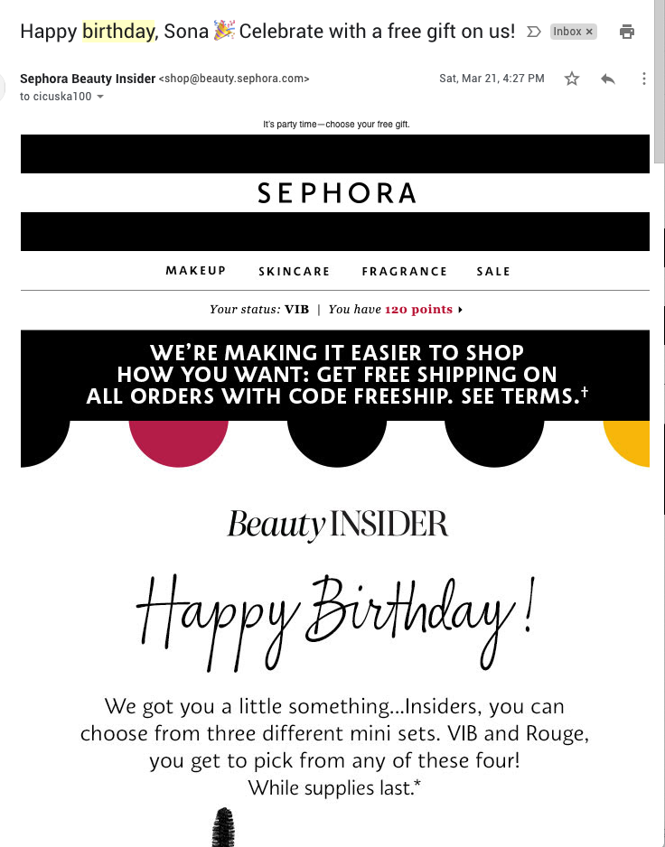 Emailsjabloon voor loyaliteitsbeloningen van Sephora