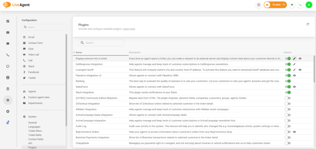 Een afbeelding met een actieve externe info-plug-in in LiveAgent-configuratie