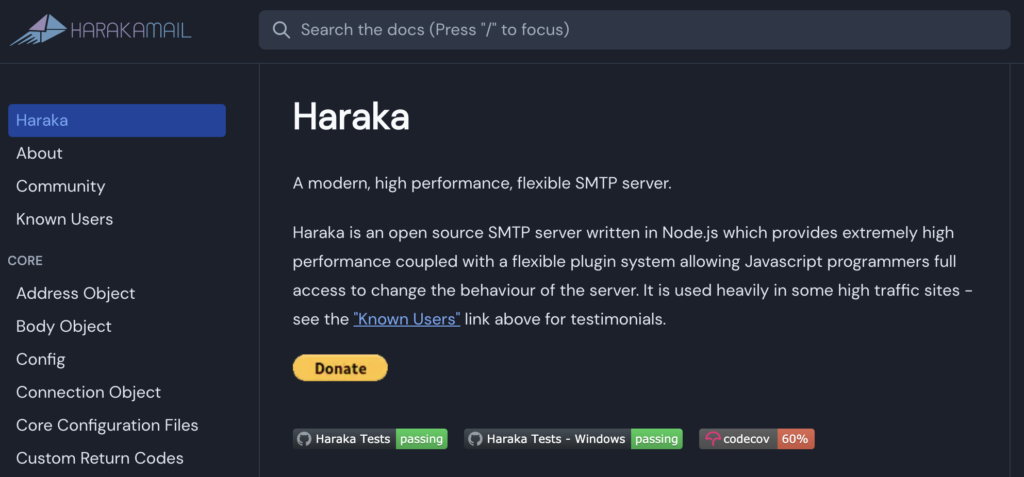 Haraka-startpagina met verschillende secties en beschrijvingen